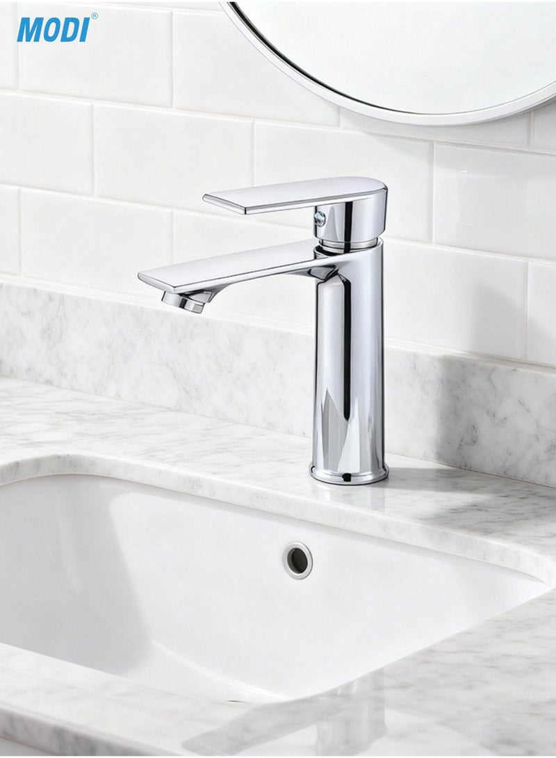 مودي خلاط حوض عصري، مطلي بالكروم، صنبور حمام، خلاط ماء ساخن وبارد بذراع واحد، هيكل متين من الزنك وخرطوشة سيراميك - Image 1